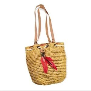 Weave rattan like slouchy Bucket Bag Mustard yellow